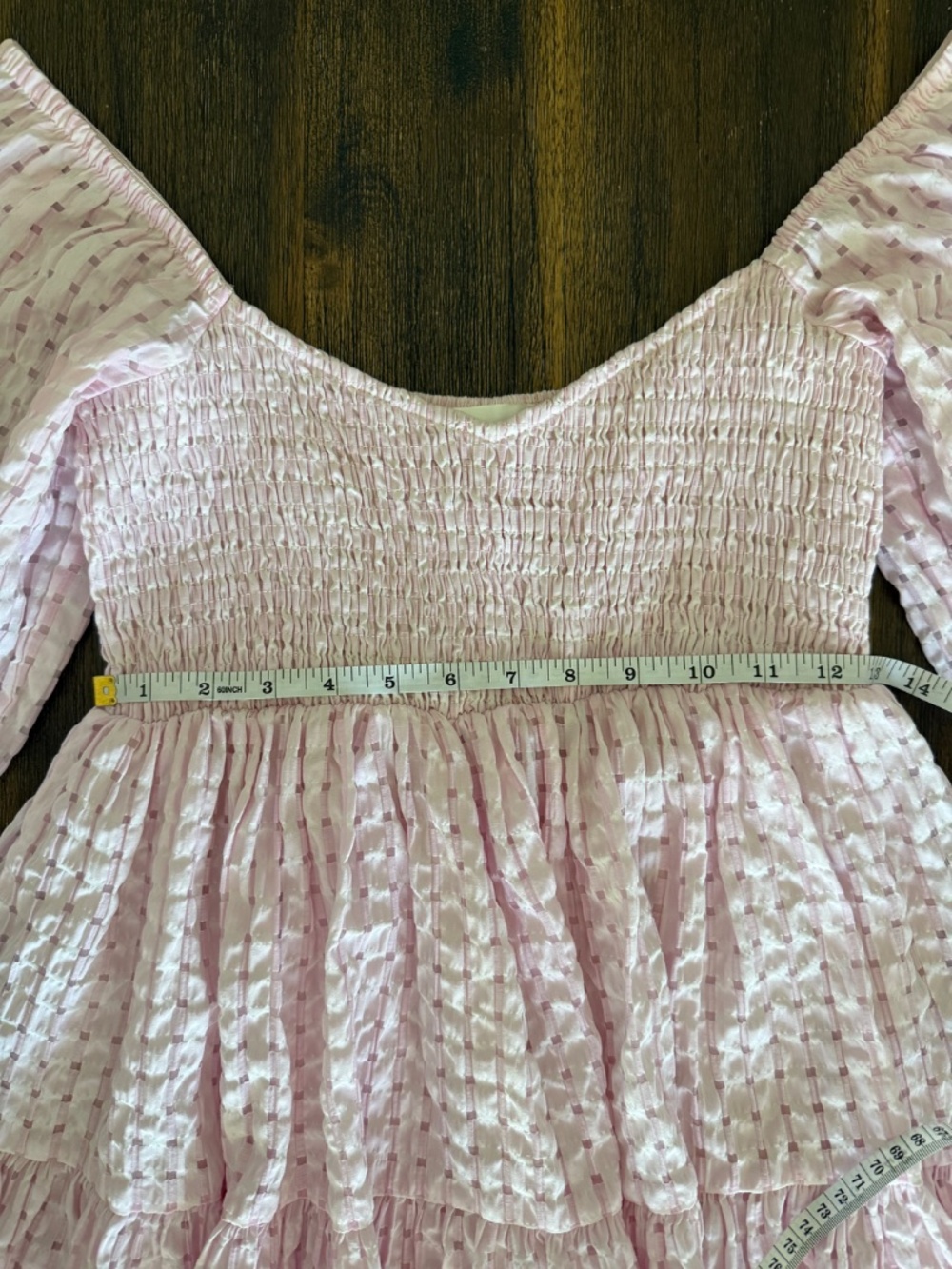 MABLE Pink Smocked Puff Sleeve Textured Check Tiered Babydoll Mini Dress Small - Picture 15 of 16